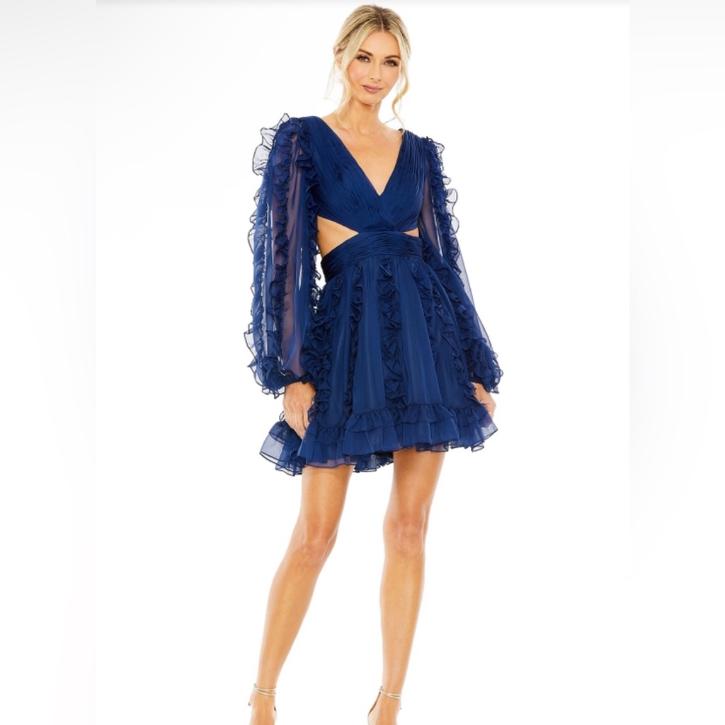 New Mac Duggal V Neck Long Puff Sleeve Ruffle Chiffon Dress Size 6 Navy/Indigo